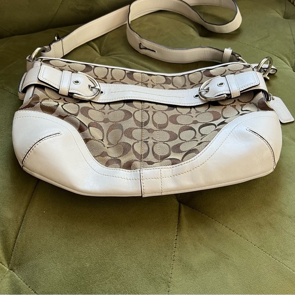 Coach Signature White Leather Jacquard Canvas Hobo Shoulder Bag Handbag Purse - Picture 4 of 12